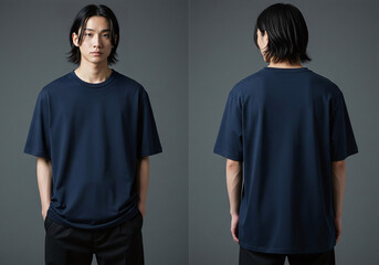Oversize navy T-shirt mockup front and back view on a male model