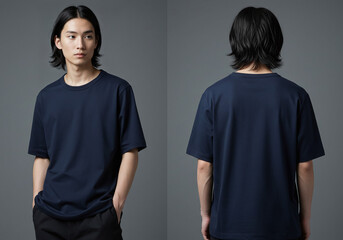 Oversize navy T-shirt mockup front and back view on a male model