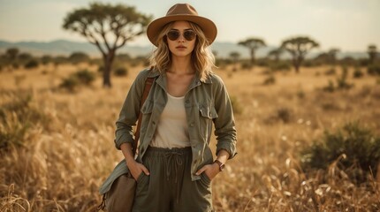 Stylish Female Traveler in Safari Clothing African Wilderness
