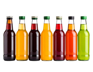 Three vibrant juice bottles in pink, green, and orange against a black background.