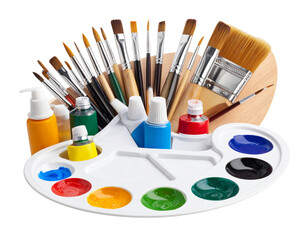 artist palette with paintbrushes and paint tubes  on white background