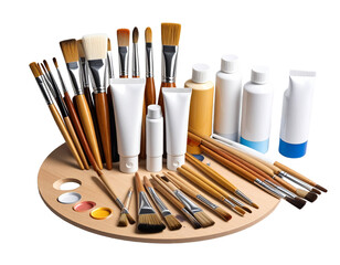 artist palette with paintbrushes and paint tubes  on white background