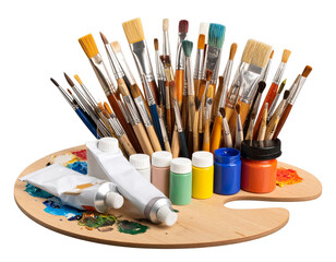 artist palette with paintbrushes and paint tubes  on white background