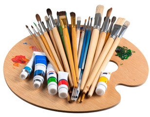 artist palette with paintbrushes and paint tubes  on white background