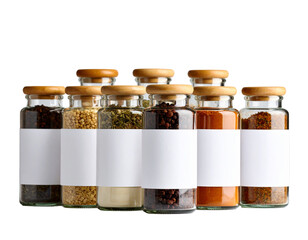 Bunch of assorted spices placed in order on lumber tabletop near bottle of oil