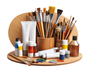 artist palette with paintbrushes and paint tubes  on white background