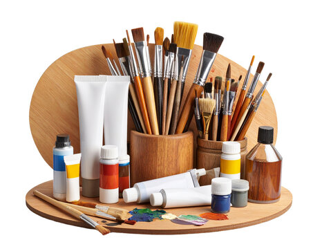 artist palette with paintbrushes and paint tubes on white background