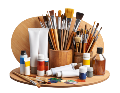 artist palette with paintbrushes and paint tubes  on white background