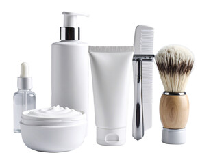White skincare products with makeup brushes on black display