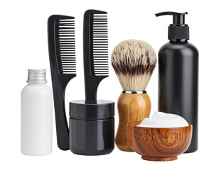White skincare products with makeup brushes on black display