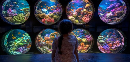 Girl looking at round aquariums with colorful coral reefs and tropical fish on display at aquarium