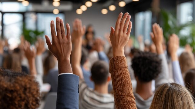 Diverse group of people raising hands in a meeting