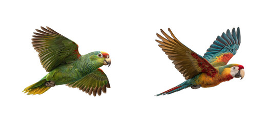 Obraz premium Colorful macaws and green parrots in flight tropical forest wildlife natural habitat aerial cut out set png