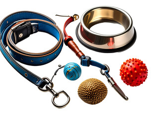 Dog accessories knolling style on yellow background.