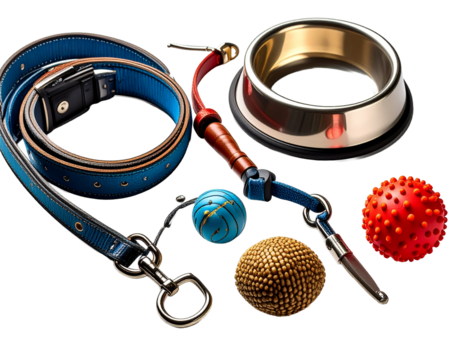 Dog accessories knolling style on yellow background.