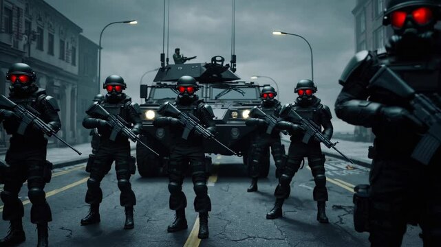 soldiers in all black armor and gas mask with red eyes in the middle of the street with rifles and apc and riot shields
