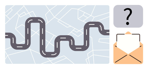 Wavy road over map indicates journey or progress, paired with envelope and question mark highlighting communication, uncertainty. Ideal for navigation, inquiry, planning, exploration
