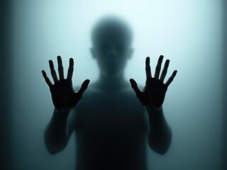 Silhouetted child pressing hands against a frosted glass surface