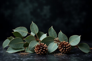 Dried leaves and pinecones on moody black with natural light, AI-generated