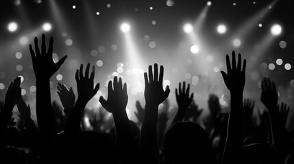 Silhouetted hands raised in worship or celebration at a concert or event