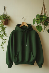 Dark Green Hoodie Mockup Hanging with Focus on Hood and Sleeves – Perfect Lighting and Beige Background with Decorative Accent