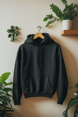 Dark Green Hoodie Mockup Hanging with Focus on Hood and Sleeves – Perfect Lighting and Beige Decorative Background Highlight Material Structure