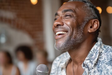 Obraz premium Middle-aged Black male variety performer engaging with audience in lively entertainment venue