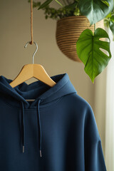 Navy Blue Hoodie Hanging on Wooden Hanger with Studio Lighting – Smooth Beige Background and Ceramic Pot with Trailing Plant