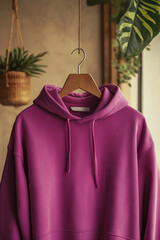Dark Pink Hoodie Mockup on Hanger – Close-Up with Bright Focused Lighting, Warm Beige Background and Small Hanging Pot Decor for a Stylish Presentation
