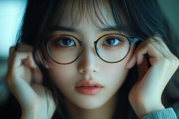 Eye problem concept, fatigued Asian young woman rubbing her tired eyes for relief after working on a laptop, suffering from eye strain and migraines., Generative AI