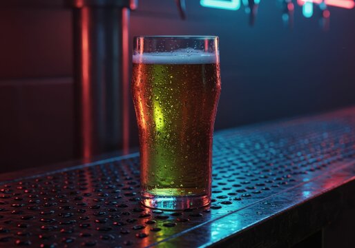 Freshly poured cold beer in a wet glass on a bar counter with colorful neon light reflection, evening pub ambiance for Beer Day celebration.