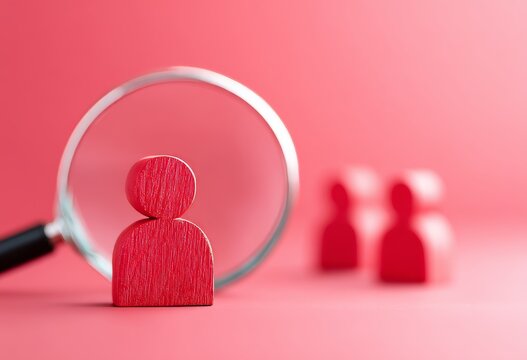 A magnifying glass zooms in on one wooden figurine from a lineup of five positioned in front of a fuzzy red background