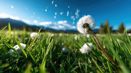A delicate dandelion puff swaying in the breeze against a stunning blue sky, reflecting the passing of time and the beauty of nature's fleeting moments.