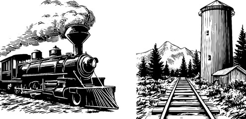 Fototapeta premium Vintage steam locomotive with smokestack and scenic railway scene for retro design