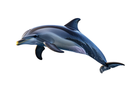  Ocean Dolphin Leaping Against Blue Sky with Coastal Landscape in View, Realistic Scene, isolated on transparent background