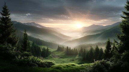 Serene sunrise in nature over misty hills and green valley mountain landscape background forest scenery