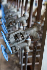 Row of industrial pipes with blue valve handles