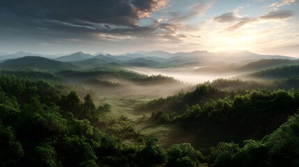 Misty hills scenery at sunrise mountain landscape background forest nature environment in green valley