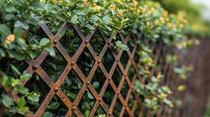 Ornate rusty metal fence with vibrant greenery
