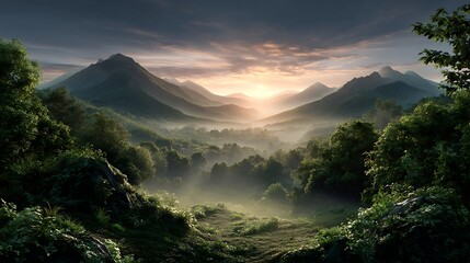 Obraz premium Sunrise in nature over misty hills mountain landscape background forest and green valley wallpaper