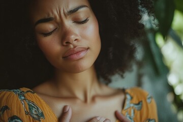 Young woman gripping her  in pain due to abdominal discomfort, seeking relief from cramps or digestive issues., Generative AI