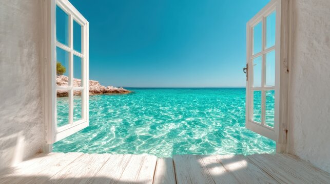 Fototapeta An inviting view of a crystal-clear ocean seen from an open window, symbolizing freedom, tranquility, and the allure of nature's breathtaking beauty.