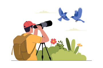 Flat Vector Illustration of Birdwatching with Telescope. Illustrations for websites, landing pages, mobile apps, posters and banners