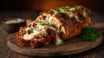 A delicious meatloaf centerpiece, generously topped with melted cheese and fresh herbs, symbolizing comfort food at its finest, perfect for family gatherings and hearty meals.