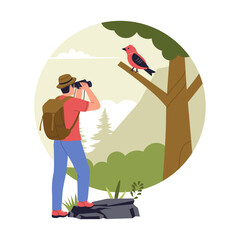 Vector Illustration of Birdwatching in the Forest. Man Observing a Bird on a Tree. Illustrations for websites, landing pages, mobile apps, posters and banners