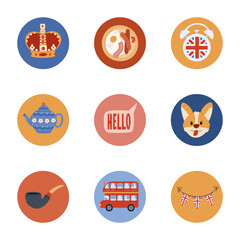 Lovely cartoon round cover icon with Great Britain clipart for different social media, blog, branding. Highlight icon for stories with queen crown, UK flag, red touristic bus, Corgi in vivid colors.