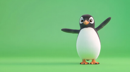 Fototapeta premium A cheerful cartoon penguin stands on a vibrant green background, exuding joy and playfulness