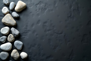 Earth-toned stones on charcoal surface with depth, AI-generated