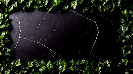 Black marble texture background overgrown with leaves and vines.