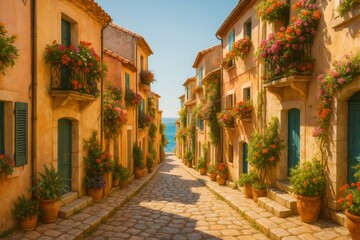 Fototapeta premium Picturesque alley with colorful flowers leading to the Mediterranean Sea